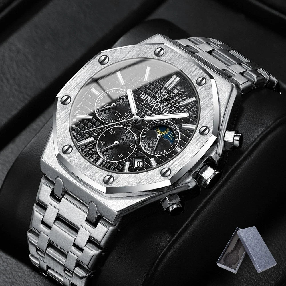 Top Brand Man Casual Watch Luxury Luminous BINBOND B0161 Wristwatch Stainless Steel Waterproof Men Date Calendar Clock